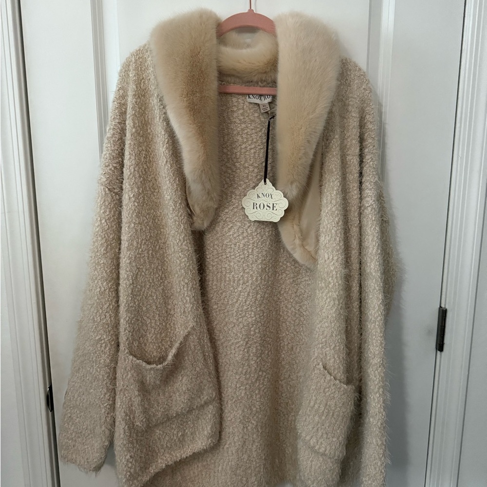 Knox Rose Cream Textured Cardigan with Faux Fur